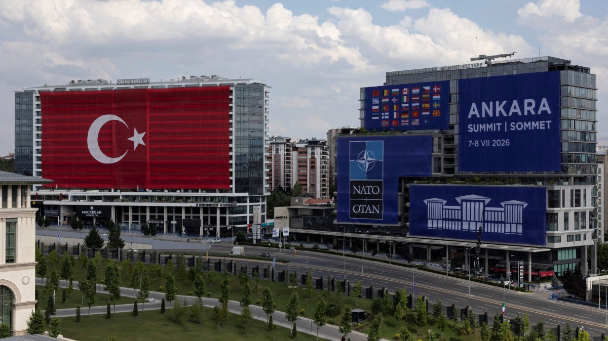A Turkish national flag and NATO summit banners on buildings a day before the start of the NATO summit, Ankara, Türkiye, July 6, 2026. (Reuters Photo)