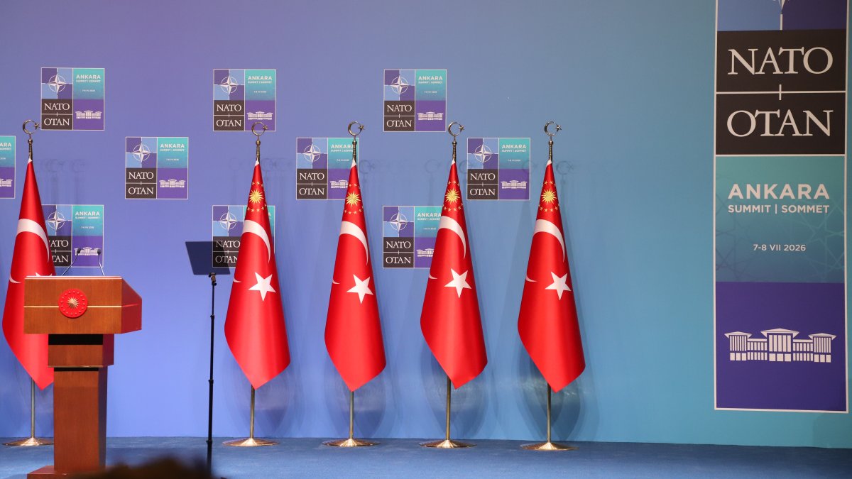 Turkish flags stand beside the podium at the NATO leaders summit venue in Ankara, Türkiye, July 8, 2026. (Daily Sabah Photo)