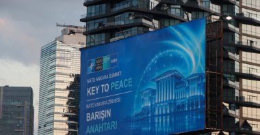 A NATO summit banner with the "The Key to Peace" motto is seen during the 2026 Ankara summit, Ankara, Türkiye, July 6, 2026. (Getty Images Photo)