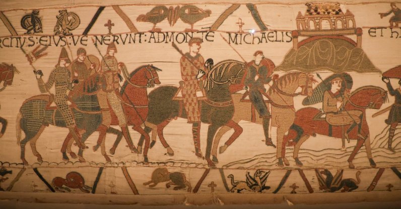 A scene on the Bayeux Tapestry depicts horsemen and Mont Saint-Michel, believed to be one of the earliest known visual representations of the French landmark, Bayeux, France, Aug. 29, 2025. (Reuters Photo)