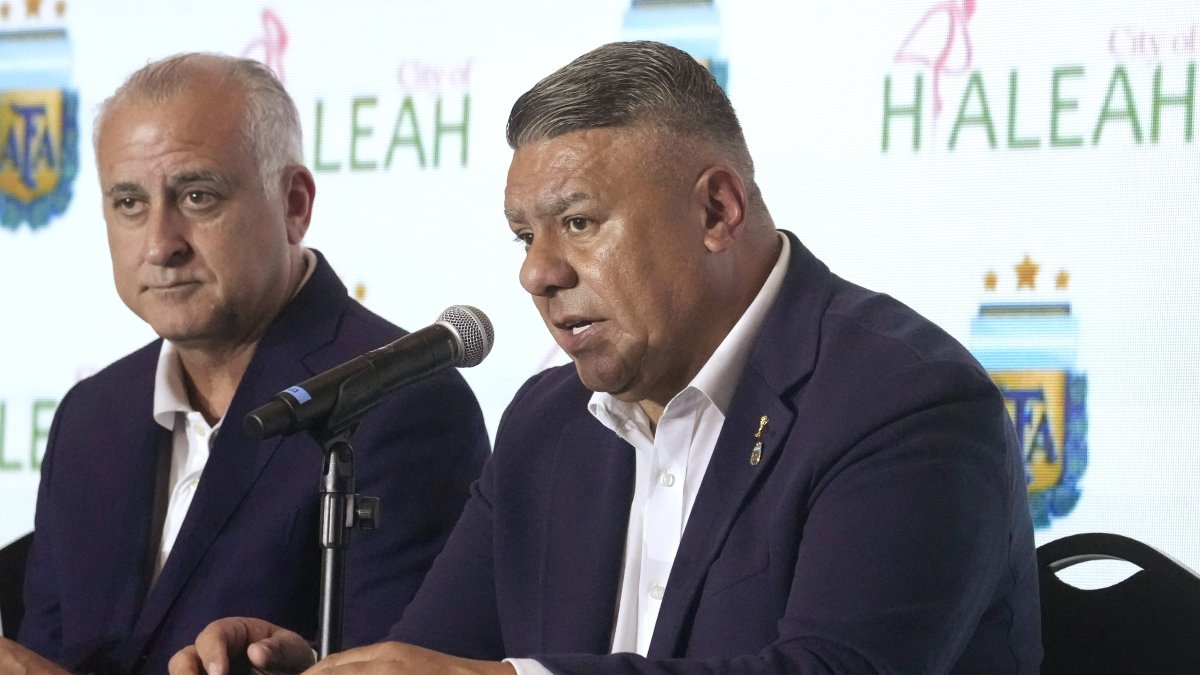 Claudio Tapia, president of the Argentine Football Association, speaks during a news conference where he announced plans to build a soccer training facility, Miami, U.S., Aug.15, 2023. (AP Photo)