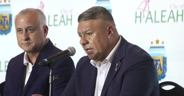 Claudio Tapia, president of the Argentine Football Association, speaks during a news conference where he announced plans to build a soccer training facility, Miami, U.S., Aug.15, 2023. (AP Photo)