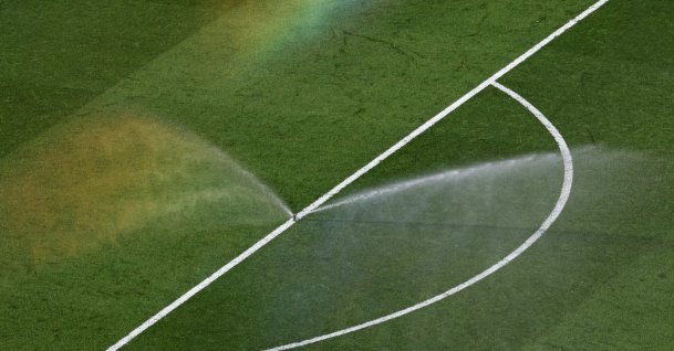 Prinklers water the pitch during half-time in the FIFA World Cup 2026 quarterfinals match between France and Morocco, Boston, U.S, July 9, 2026. (EPA Photo)