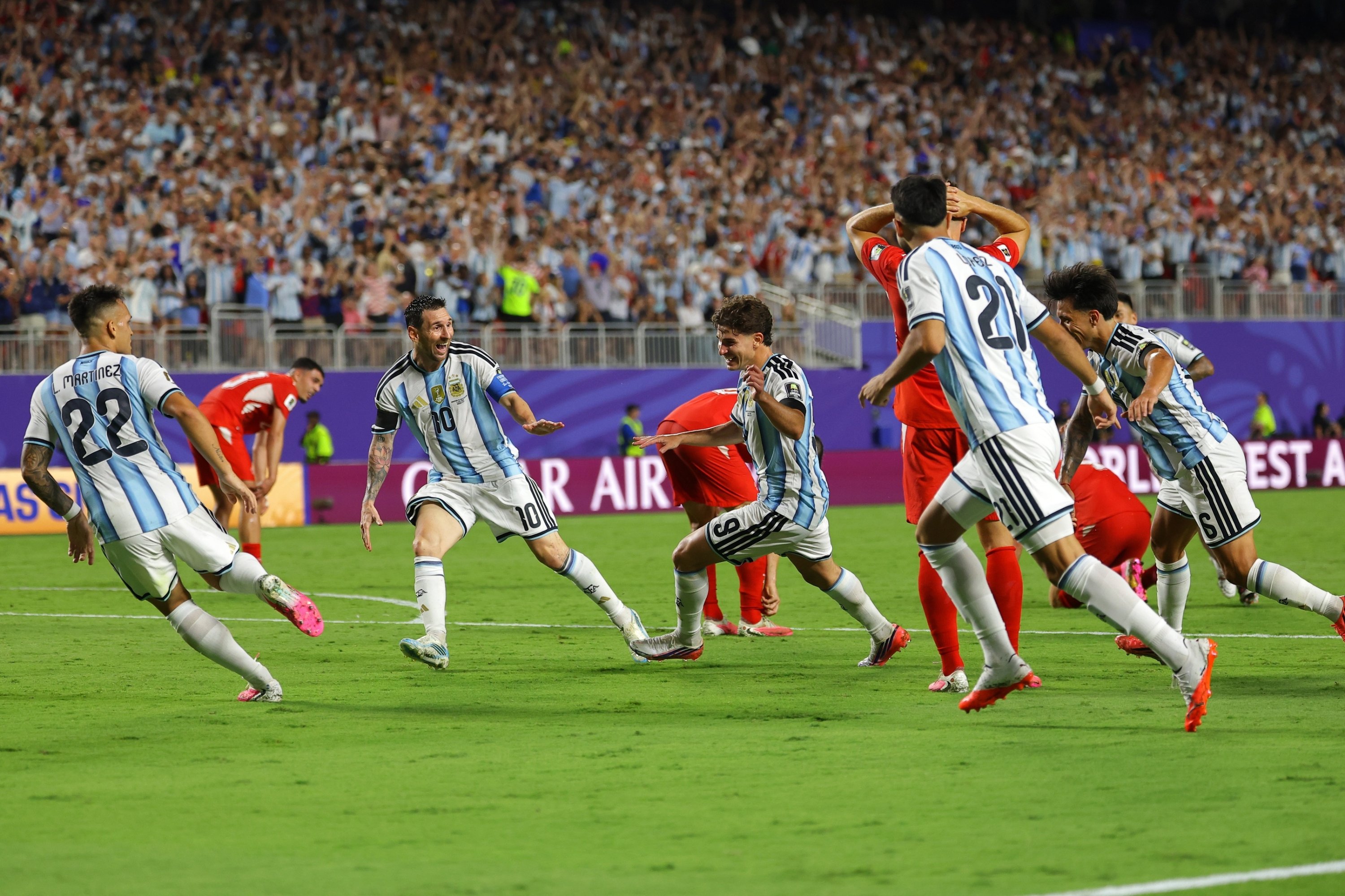 Julian Alvarez of Argentina (C) celebrates with his teammates after scoring during the FIFA World Cup 2026 quarterfinals match against Switzerland, in Kansas City, Missouri, U.S., July 11, 2026. (EPA Photo)