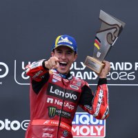 Ducati Lenovo Team's Marc Marquez celebrates on the podium after winning the German MotoGP race, Sachsenring, Germany, July 12, 2026. (Reuters Photo)
