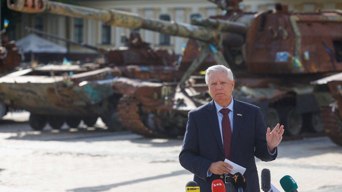 Sen. Lindsey Graham speaking to the media after a meeting with Ukraine's President Volodymyr Zelenskyy, in Kyiv, Ukraine. (Reuters Photo)