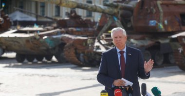 Sen. Lindsey Graham speaking to the media after a meeting with Ukraine's President Volodymyr Zelenskyy, in Kyiv, Ukraine. (Reuters Photo)