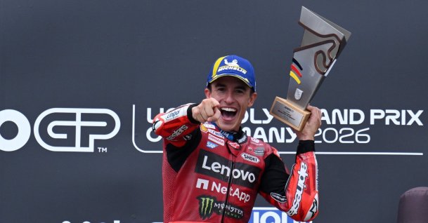 Ducati Lenovo Team's Marc Marquez celebrates on the podium after winning the German MotoGP race, Sachsenring, Germany, July 12, 2026. (Reuters Photo)