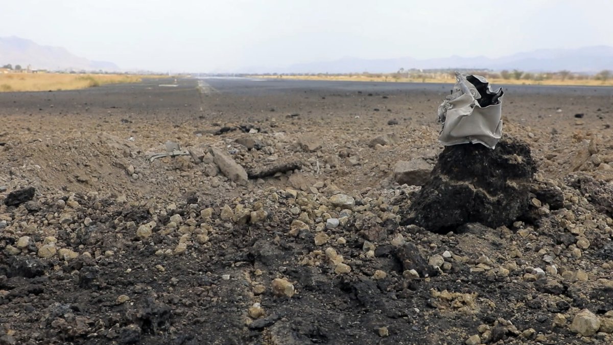 A handout screen grab taken from a video released on July 13, 2026, and made available by the Houthis-run al-Masirah TV shows damage at the runway of Sanaa airport following airstrikes, in Sanaa, Yemen, July 13, 2026. (EPA Photo)