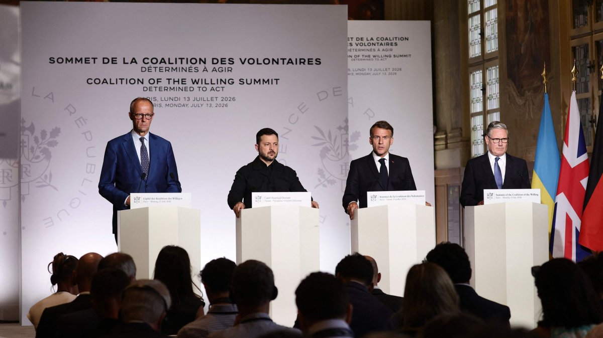 (From L) German Chancellor Friedrich Merz, Ukraine's President Volodymyr Zelenskyy, France's President Emmanuel Macron and Britain's Prime Minister Keir Starmer address a joint press conference after the summit of the Coalition of the Willing to support Ukraine in Paris, France, July 13, 2026. (AFP Photo)