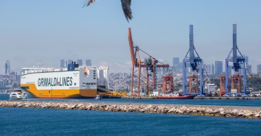 The Italian-flagged vehicle carrier Grande Inghilterra is seen docked at Haydarpaşa Port on the Asian shore of Istanbul, Türkiye, June 30, 2026. (Reuters Photo)
