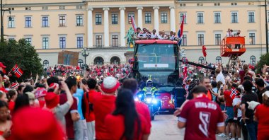 Norway's national football team is applauded by supporters at Slottsplassen after attending a reception at the palace, Oslo, Norway, July 13, 2026. (AFP Photo)