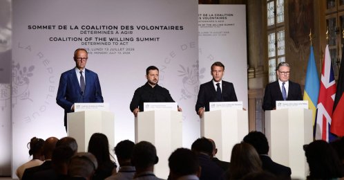 (From L) German Chancellor Friedrich Merz, Ukraine's President Volodymyr Zelenskyy, France's President Emmanuel Macron and Britain's Prime Minister Keir Starmer address a joint press conference after the summit of the Coalition of the Willing to support Ukraine in Paris, France, July 13, 2026. (AFP Photo)