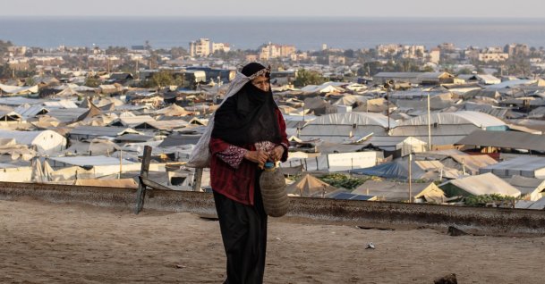 A displaced Palestinian arrives to collect water from the Ita charitable water station, amid ongoing water shortages and limited access to water sources, in Khan Younis, Gaza Strip, Palestine, July 13, 2026. (EPA Photo)