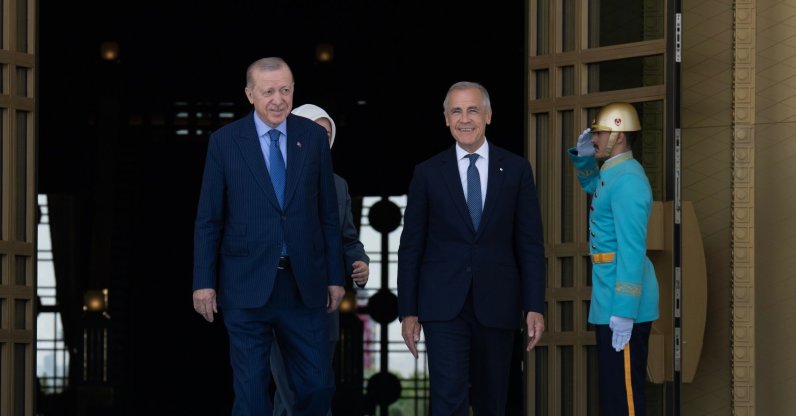 President Recep Tayyip Erdoğan and Canadian Prime Minister Mark Carney (R) leave after a meeting on the sidelines of the NATO summit in Ankara, Türkiye, July 7, 2026. (AP Photo)