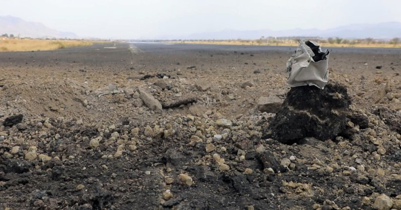A handout screen grab taken from a video released on July 13, 2026, and made available by the Houthis-run al-Masirah TV shows damage at the runway of Sanaa airport following airstrikes, in Sanaa, Yemen, July 13, 2026. (EPA Photo)