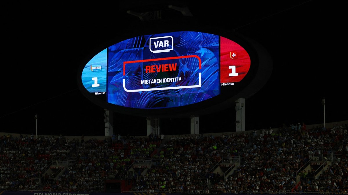 General view as the big screen displays a message before Switzerland's Breel Embolo is shown a red card by referee Joao Pinheiro after a VAR review during the 2026 FIFA World Cup quarterfinal between Argentina and Switzerland at Kansas City Stadium, Kansas City, U.S., July 11, 2026. (Reuters Photo)