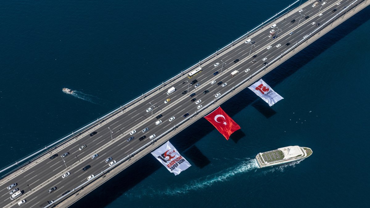 A Turkish flag is displayed on the Fatih Sultan Mehmet Bridge on the anniversary of the July 15 coup attempt, Istanbul, Türkiye, July 4, 2026. (AA Photo)
