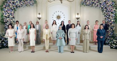 First ladies and spouses of heads of state and government pose for a family photo during the spouses' program held on the sidelines of the 2026 NATO summit, Ankara, Türkiye, July 8, 2026. (AA Photo)