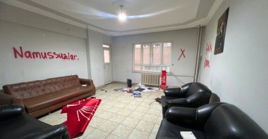 "Dishonest" scrawled on the offices of CHP trashed by the pro-Özel camp after Kılıçdaroğlu appointed a new regional chair, Batman, eastern Türkiye, July 6, 2026. (İHA Photo)