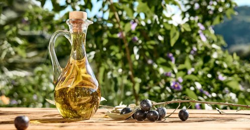 A bottle of extra virgin olive oil and an olive branch on a wooden table in an olive grove. (Shutterstock Photo)
