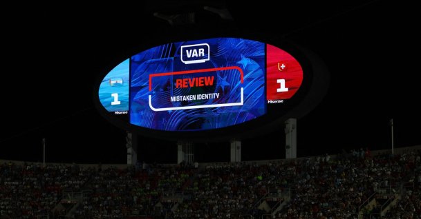 General view as the big screen displays a message before Switzerland's Breel Embolo is shown a red card by referee Joao Pinheiro after a VAR review during the 2026 FIFA World Cup quarterfinal between Argentina and Switzerland at Kansas City Stadium, Kansas City, U.S., July 11, 2026. (Reuters Photo)