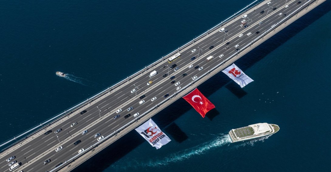 A Turkish flag is displayed on the Fatih Sultan Mehmet Bridge on the anniversary of the July 15 coup attempt, Istanbul, Türkiye, July 4, 2026. (AA Photo)