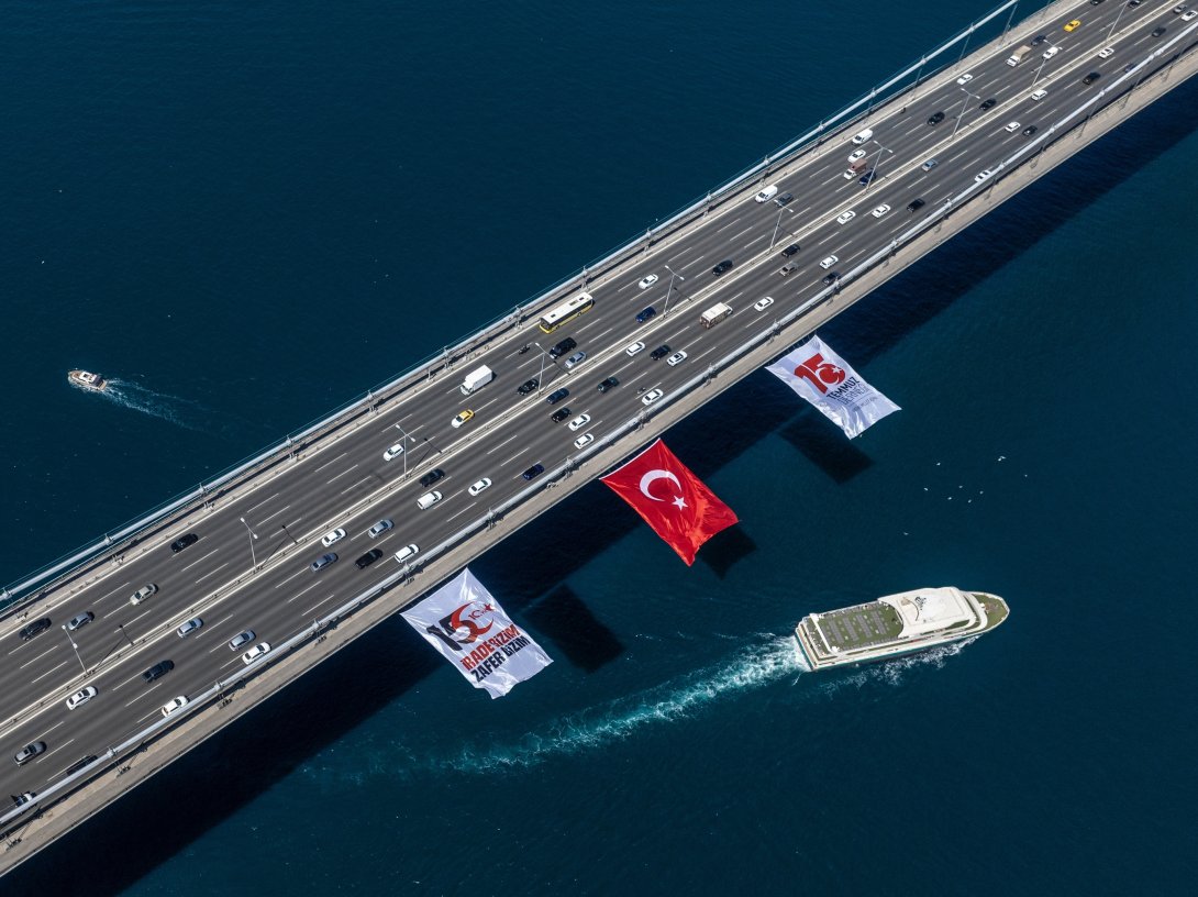 A Turkish flag is displayed on the Fatih Sultan Mehmet Bridge on the anniversary of the July 15 coup attempt, Istanbul, Türkiye, July 4, 2026. (AA Photo)