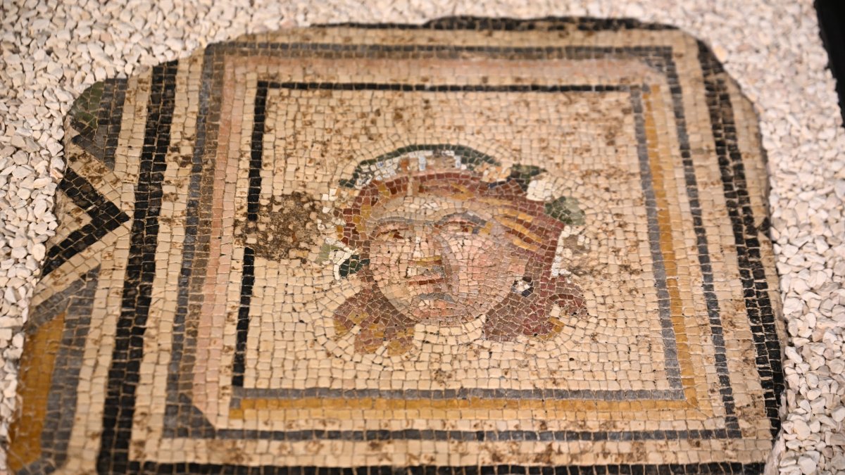 The recovered 13th panel of the famed "Gypsy Girl" mosaic, Gaziantep, Türkiye, July 14, 2026. (AA Photo)
