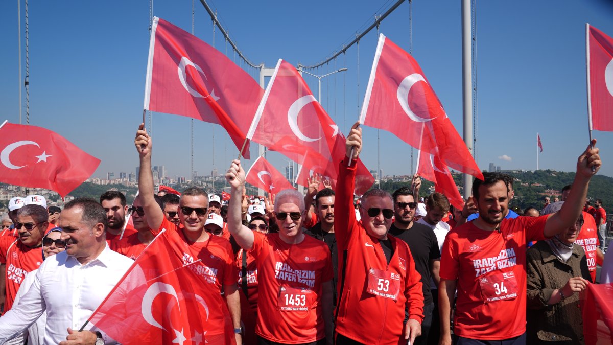 Youth and Sports Minister Osman Aşkın Bak (2nd R) and Istanbul Governor Davut Gül (3rd L) lead the 15 July Democracy and Martyrs Commemoration March was organized by the Turkish Athletics Federation, Istanbul, Türkiye, July 15, 2026. (AA Photo)