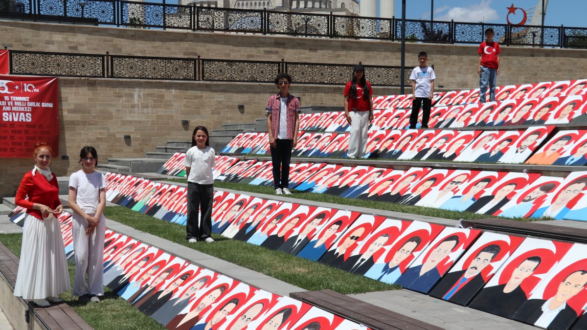 Students from Yavuz Selim Middle School display portraits of July 15 martyrs created over two years, Sivas, Türkiye, July 15, 2026. (AA Photo)