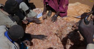 People handle a pile of gum arabic at a square in el Obeid, Sudan, March 29, 2026. (Getty Images)