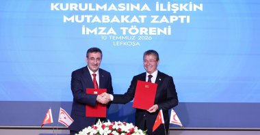 Vice President Cevdet Yılmaz (L) signs the Memorandum of Understanding on the Supply of Natural Gas to the Turkish Republic of Northern Cyprus (TRNC) with TRNC Prime Minister Ünal Üstel at the signing ceremony held at the TRNC Assembly, Lefkoşa, TRNC, July 10, 2026. (AA Photo)