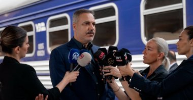 Foreign Minister Hakan Fidan speaks to reporters at the railway station before departing for Ukraine, Przemysl, Poland, July 15, 2026. (IHA Photo)