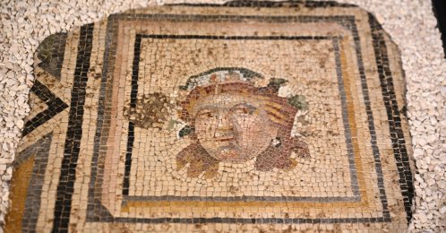 The recovered 13th panel of the famed "Gypsy Girl" mosaic, Gaziantep, Türkiye, July 14, 2026. (AA Photo)