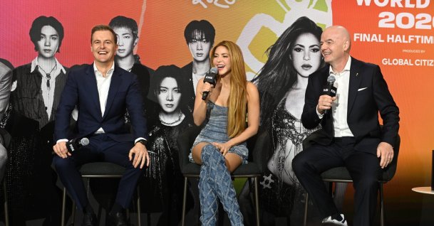 (L-R) Hugh Evans, Founder &amp; CEO of Global Citizen, Shakira and FIFA President Gianni Infantino appear onstage at the announcement of the FIFA World Cup Final Halftime Show during Global Citizen NOW 2026 at Spring Studios, New York City, U.S., May 14, 2026. (Getty Images Photo)
