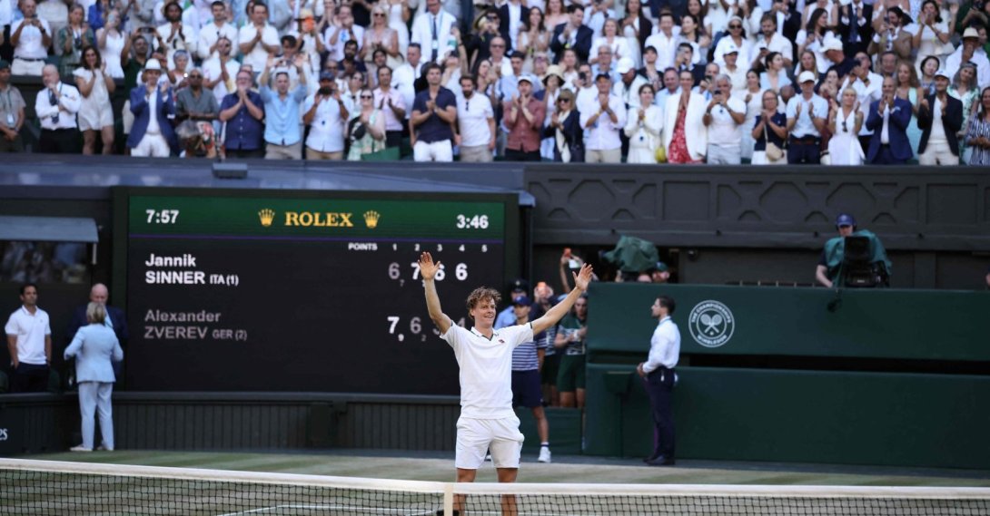 Italy's Jannik Sinner celebrates winning against Germany's Alexander Zverev during their men's singles final tennis match on the 14th day of the 2026 Wimbledon Championships at The All England Lawn Tennis and Croquet Club in Wimbledon, southwest London, U.K., July 12, 2026. (AFP Photo)