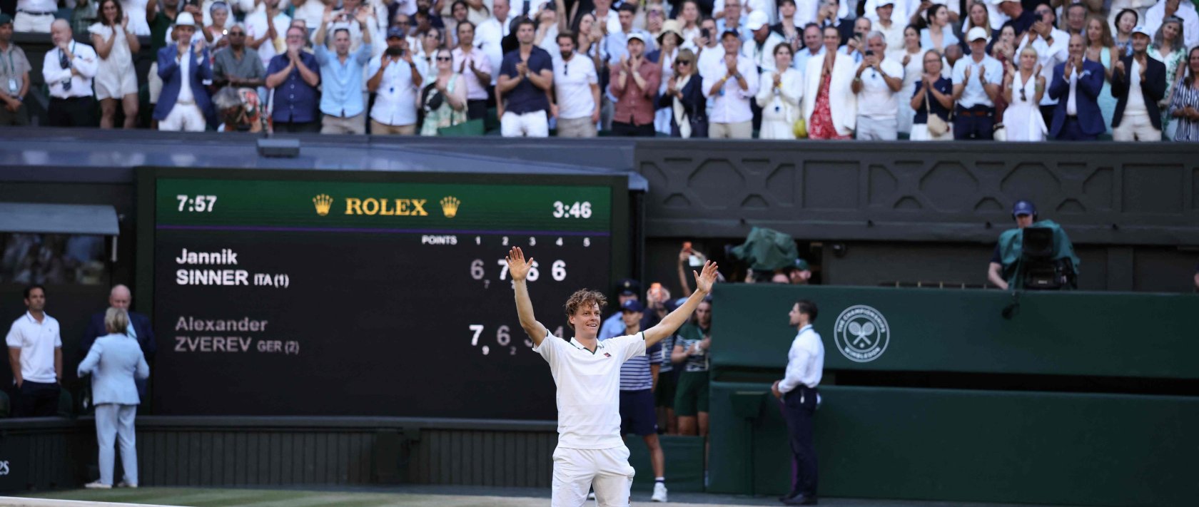 Italy's Jannik Sinner celebrates winning against Germany's Alexander Zverev during their men's singles final tennis match on the 14th day of the 2026 Wimbledon Championships at The All England Lawn Tennis and Croquet Club in Wimbledon, southwest London, U.K., July 12, 2026. (AFP Photo)