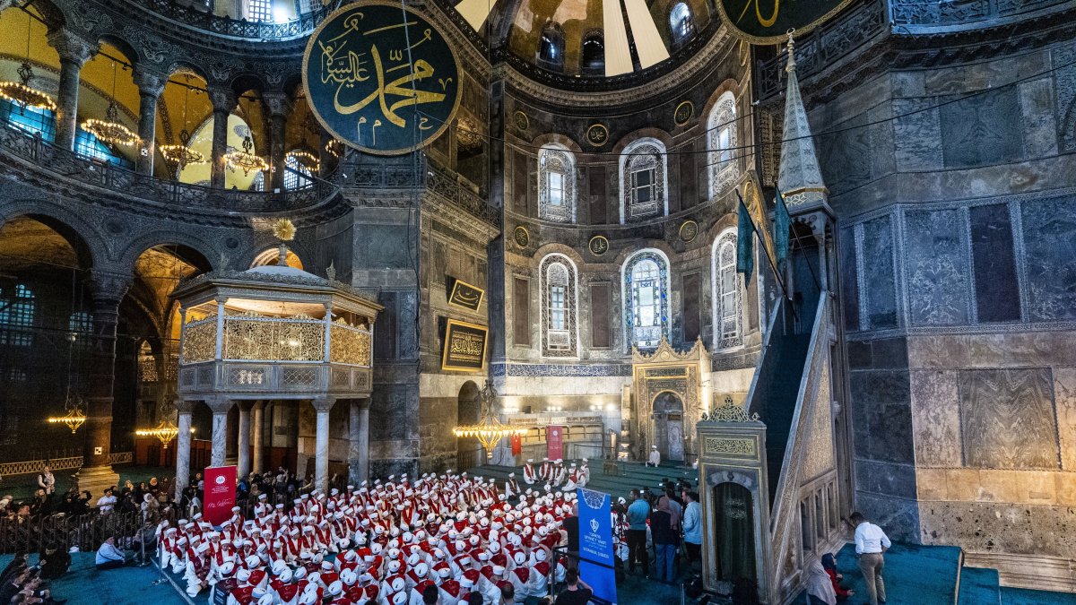 People take part in a Quran recitation program at Hagia Sophia Grand Mosque to honor the victims of the July 15 defeated coup attempt in Istanbul, Türkiye, July 15, 2026. (AA Photo)