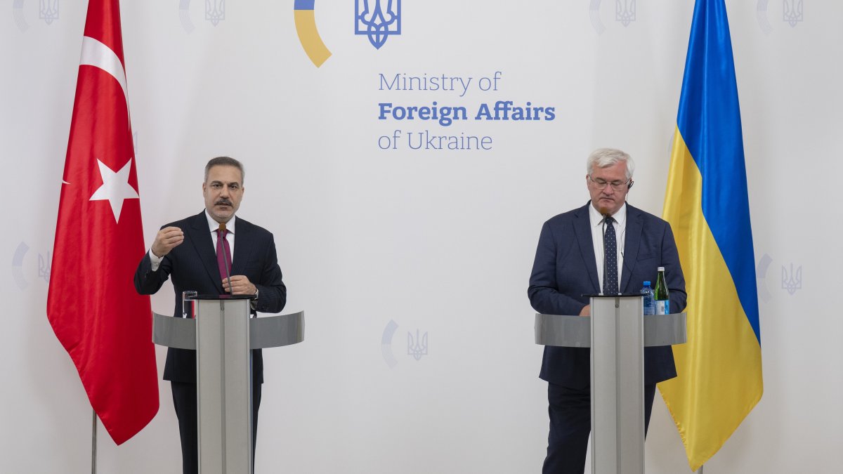 Foreign Minister Hakan Fidan (L) speaks at the news conference with Ukraine's Andrii Sybiha, Kyiv, Ukraine, July 16, 2026. (AA Photo)