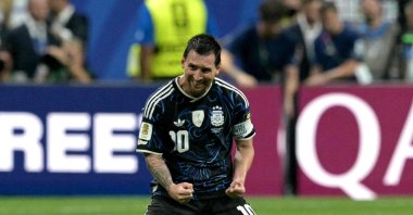 Argentina's Lionel Messi celebrates after winning the 2026 FIFA World Cup semifinal match against England at the Atlanta Stadium, Atlanta, U.S., July 15, 2026. (AFP Photo)