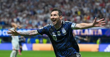 Argentina's Lionel Messi celebrates the team's second goal by Lautaro Martinez during the 2026 FIFA World Cup semifinal match against England at the Atlanta Stadium, Atlanta, U.S., July 15, 2026. (AFP Photo)