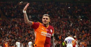 Galatasaray's Mauro Icardi celebrates after scoring during a Süper Lig match against Kasımpaşa at RAMS Park, Istanbul, Türkiye, Sept. 28, 2024. (IHA Photo)