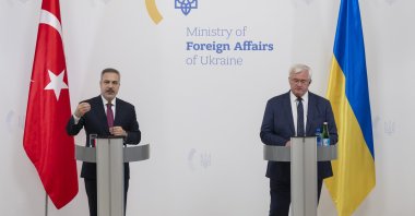 Foreign Minister Hakan Fidan (L) speaks at the news conference with Ukraine's Andrii Sybiha, Kyiv, Ukraine, July 16, 2026. (AA Photo)