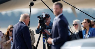 U.S. President Donald Trump speaks with reporters as he arrives to board the new Air Force One after departing Joint Base Andrews, Maryland, U.S., July 1, 2026. (Reuters Photo)