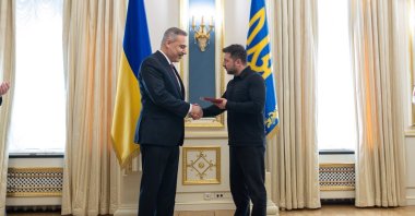 Turkish Foreign Minister Hakan Fidan is awarded the Order of Merit, Second Class, by Ukrainian President Volodymyr Zelenskyy, Kyiv, Ukraine, July 16, 2026. (AA Photo)