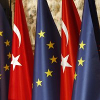 Türkiye and European Union flags prior to the opening session of a high-level meeting between EU and Türkiye, Istanbul, Türkiye, Feb. 28, 2019. (AP Photo)
