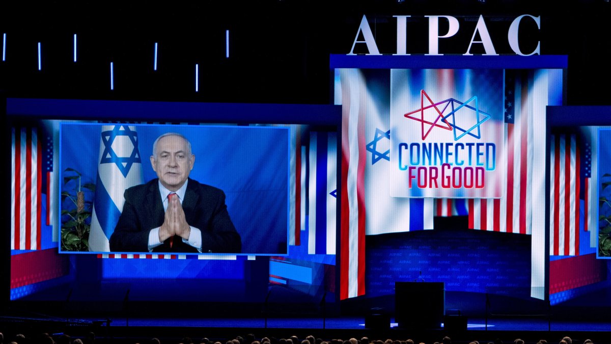 Israeli Prime Minister Benjamin Netanyahu speaks in a video to the 2019 American Israel Public Affairs Committee (AIPAC) policy conference, Washington Convention Center, Washington, U.S., March 26, 2019. (AP Photo)