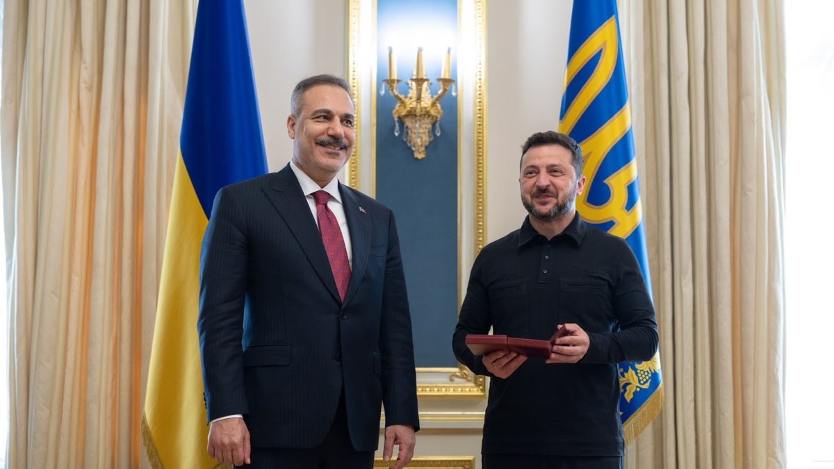 Foreign Minister Hakan Fidan is awarded the Order of Merit, Second Class, by Ukrainian President Volodymyr Zelenskyy, Kyiv, Ukraine, July 16, 2026. (AA Photo)