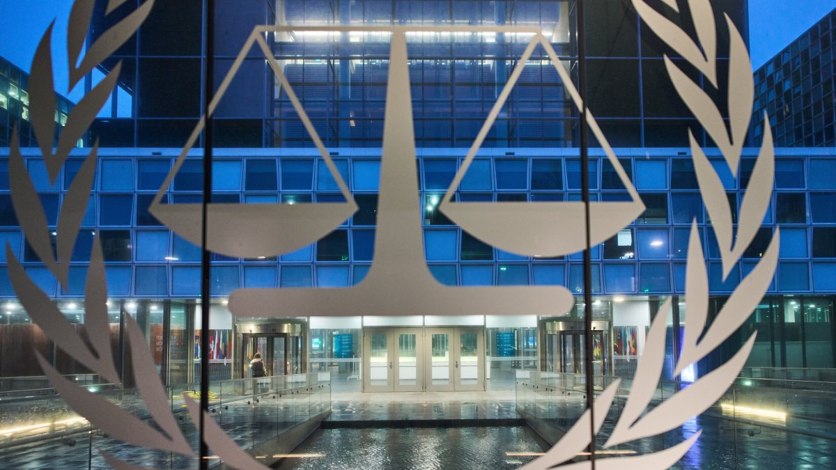 A glass door shown at the International Criminal Court (ICC), The Hague, Netherlands, Dec. 9, 2025. (AP Photo)